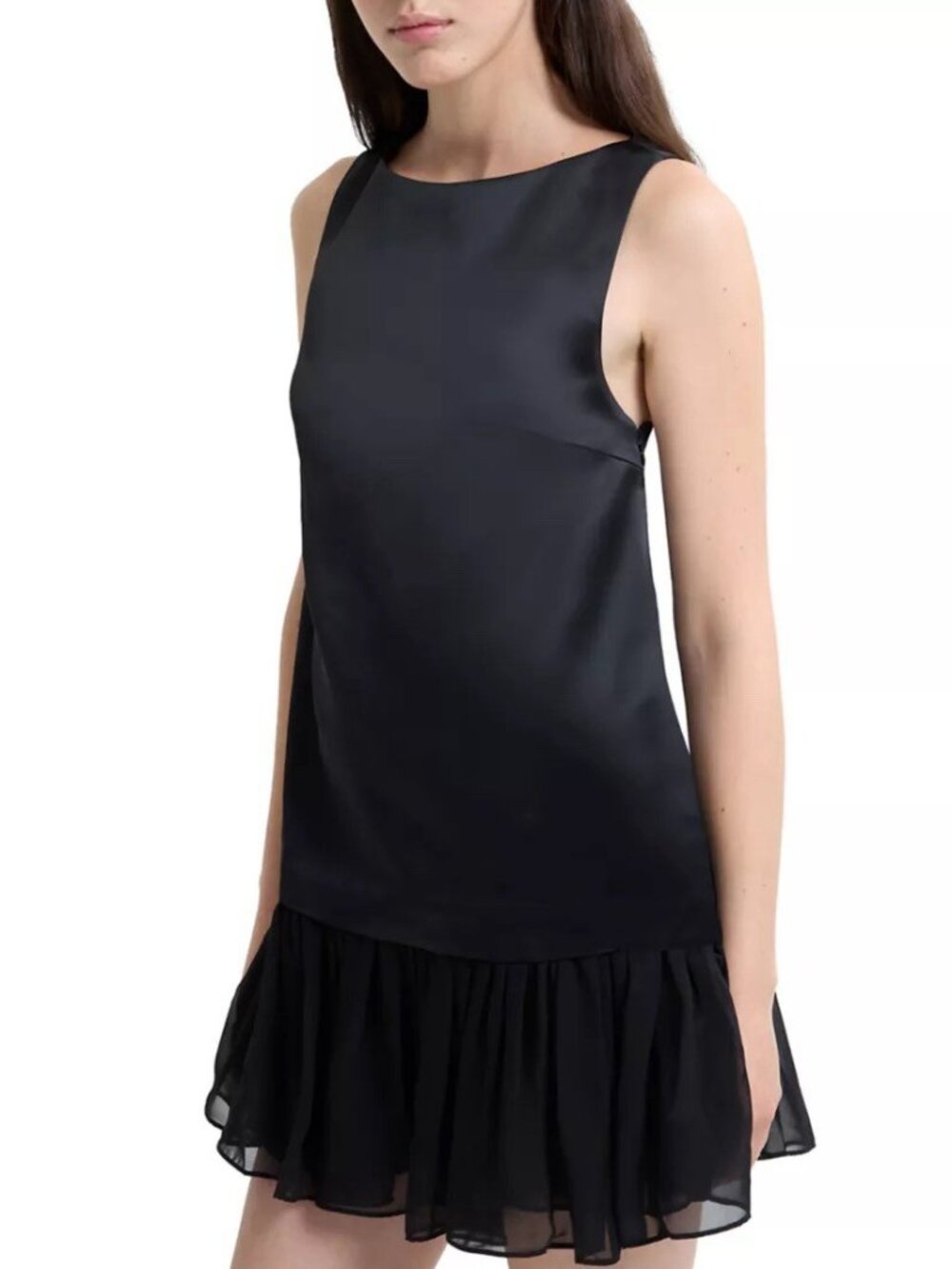 NWT French Connection Marina Mini Dress Size 8 Black Satin Silky Pleated Hem